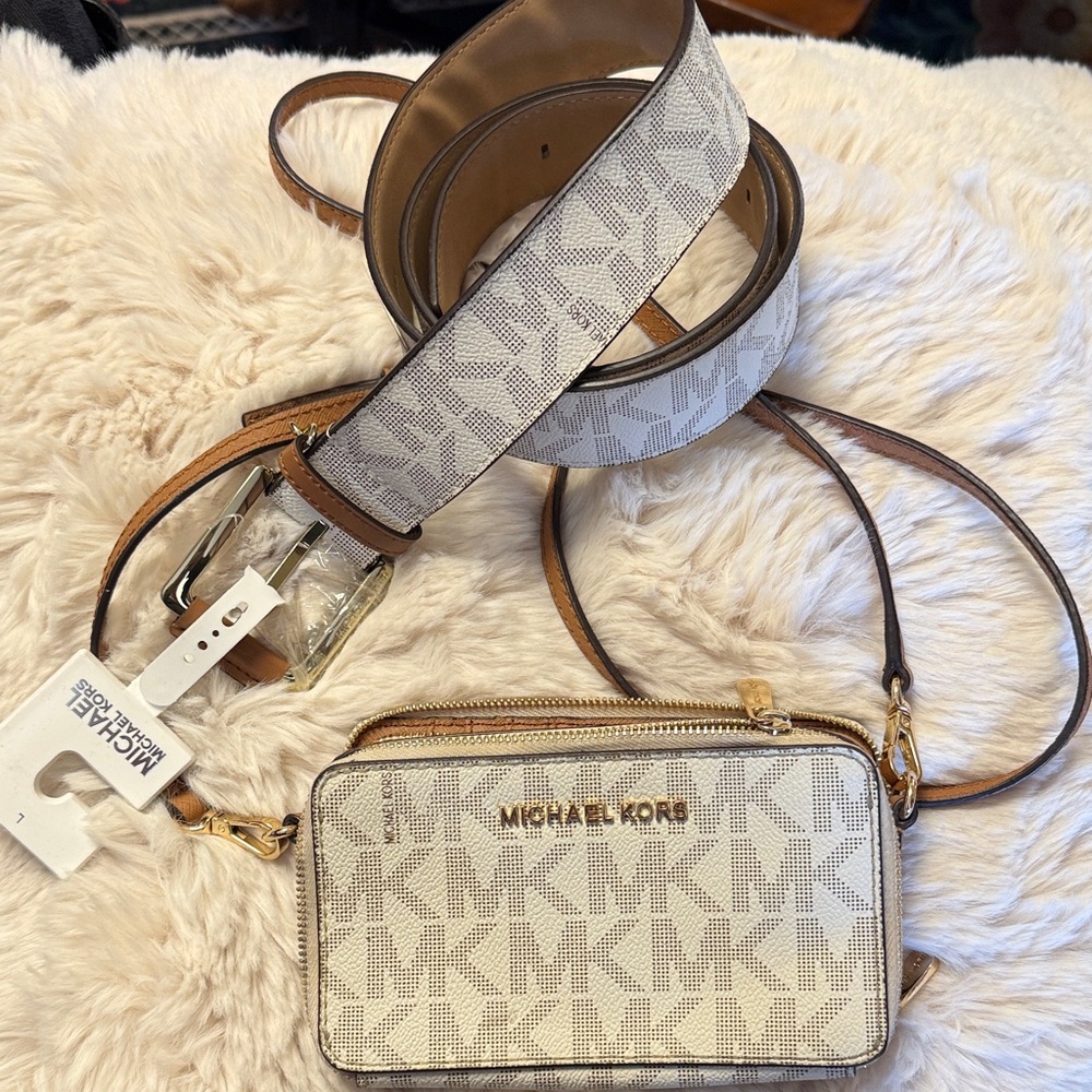 Michael Kors Connie MK Logo Vanilla Small Camera Bag Crossbody & matching belt